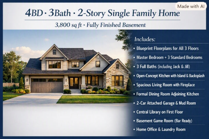 4BD · 3Bath · 2-Story Single Family Home — 3,800 sq ft Blueprint Set